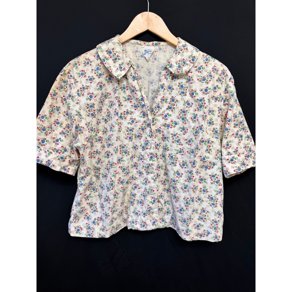 Vintage 70s Made in California Floral Checkered Camp Collar Blouse M Cottagecore